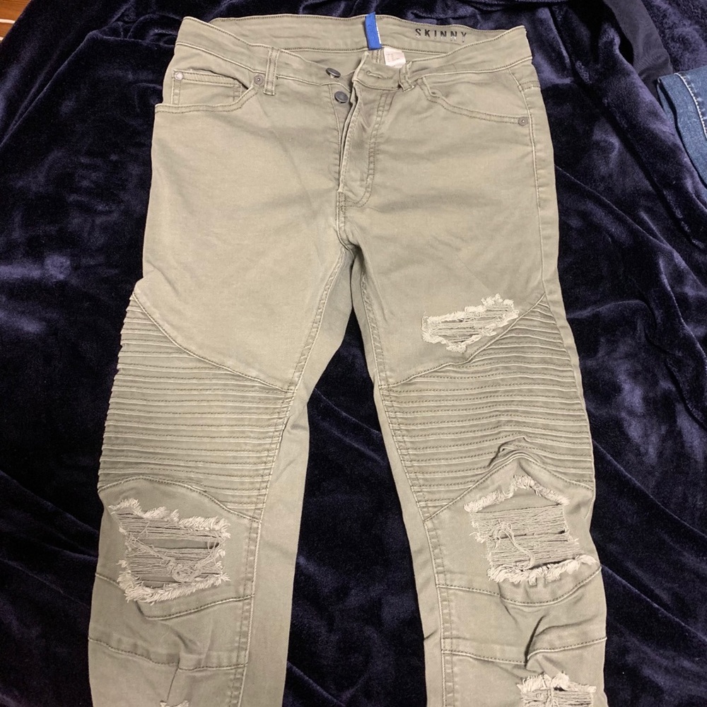 H&M green ripped biker jeans skinny